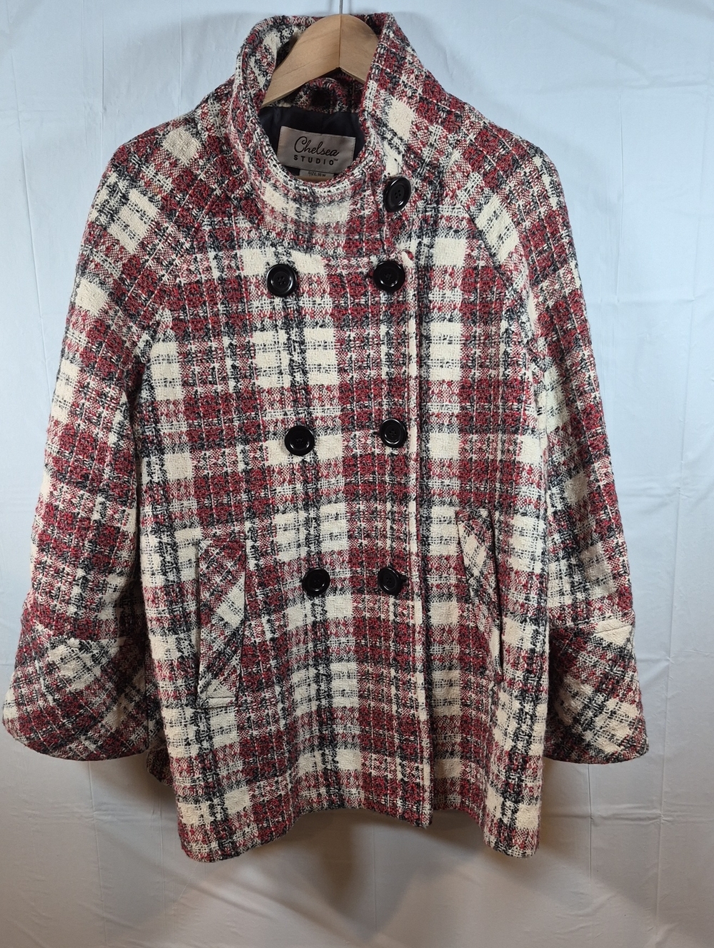 Chelsea Studio Red Plaid Double-Breasted Pea Coat